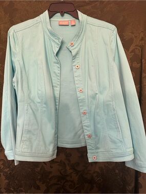 Chico's Light Aqua Blue Collarless Button Up Jacket Size 2